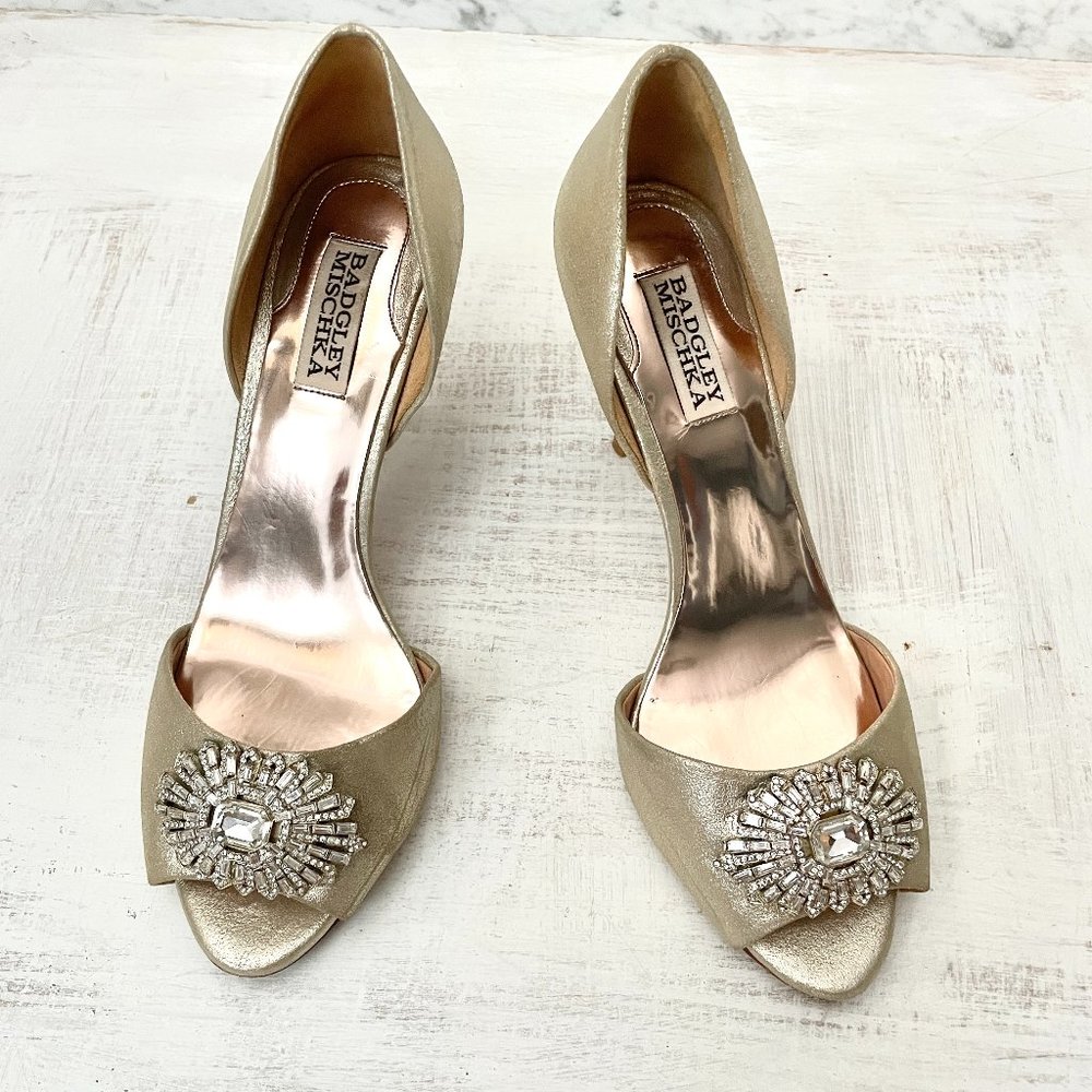 Badgley Mischka Champagne D'Orsay Peep Toe Heels with Rhinestones Size 8 - Picture 3 of 13